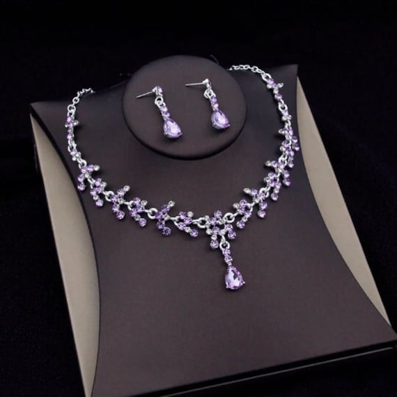 Purple Flower Leaf Crystal Necklace and Earring Set, Quinceanera, Bridal Jewelry  Set, Purple and Silver Tiara, Necklace Dangle Earring Set - Etsy | Bridal jewelry  sets, Purple jewelry set, Purple and silver wedding