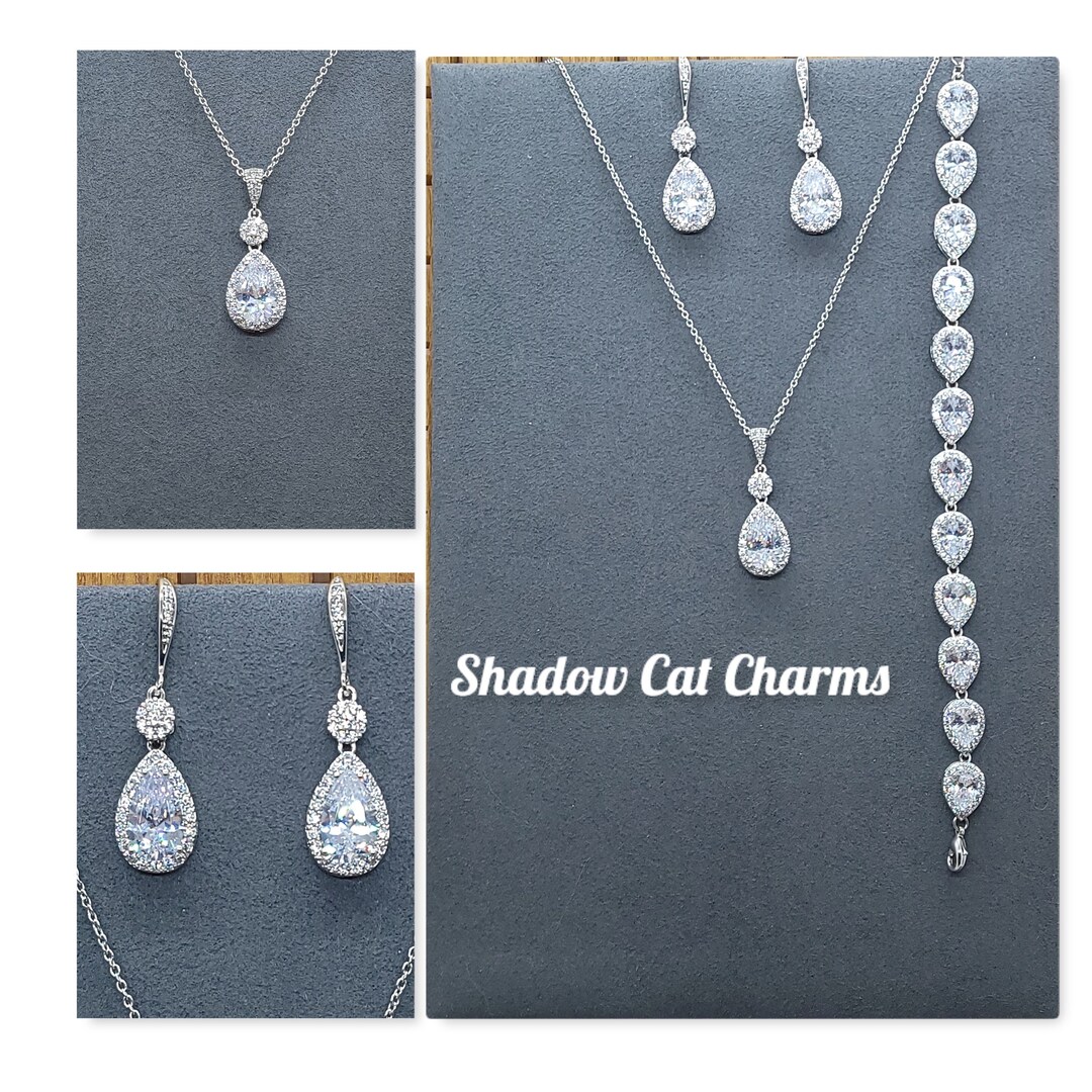 Silver Crystal Bridal Necklace Set Silver Wedding Necklace Earrings
