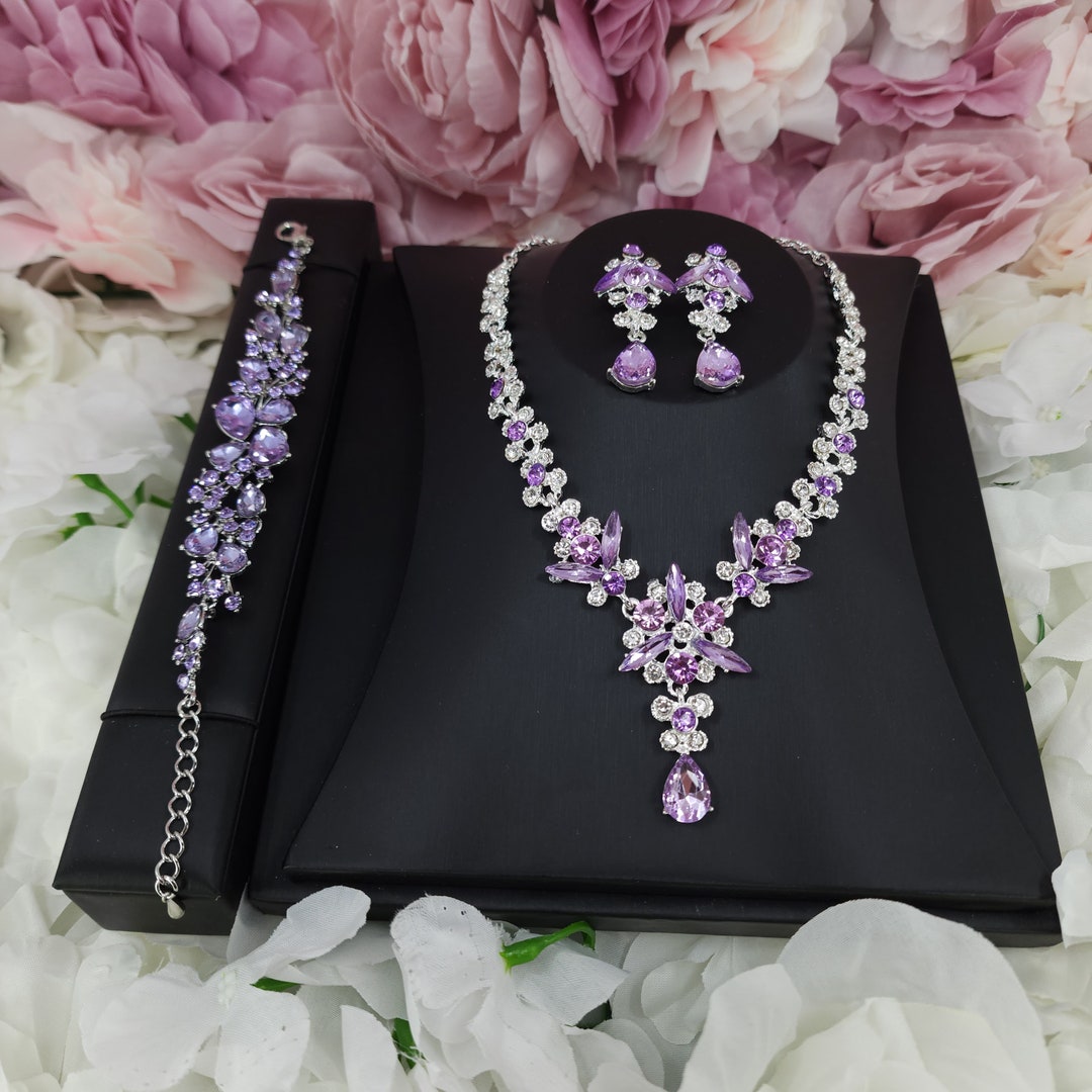 Adora by Simona Wedding Jewelry and Accessories - Purple Crystal 3-Piece Bridal Jewelry Set with Tiara - Available in Silver and Gold Silver Necklace and Earrings Set