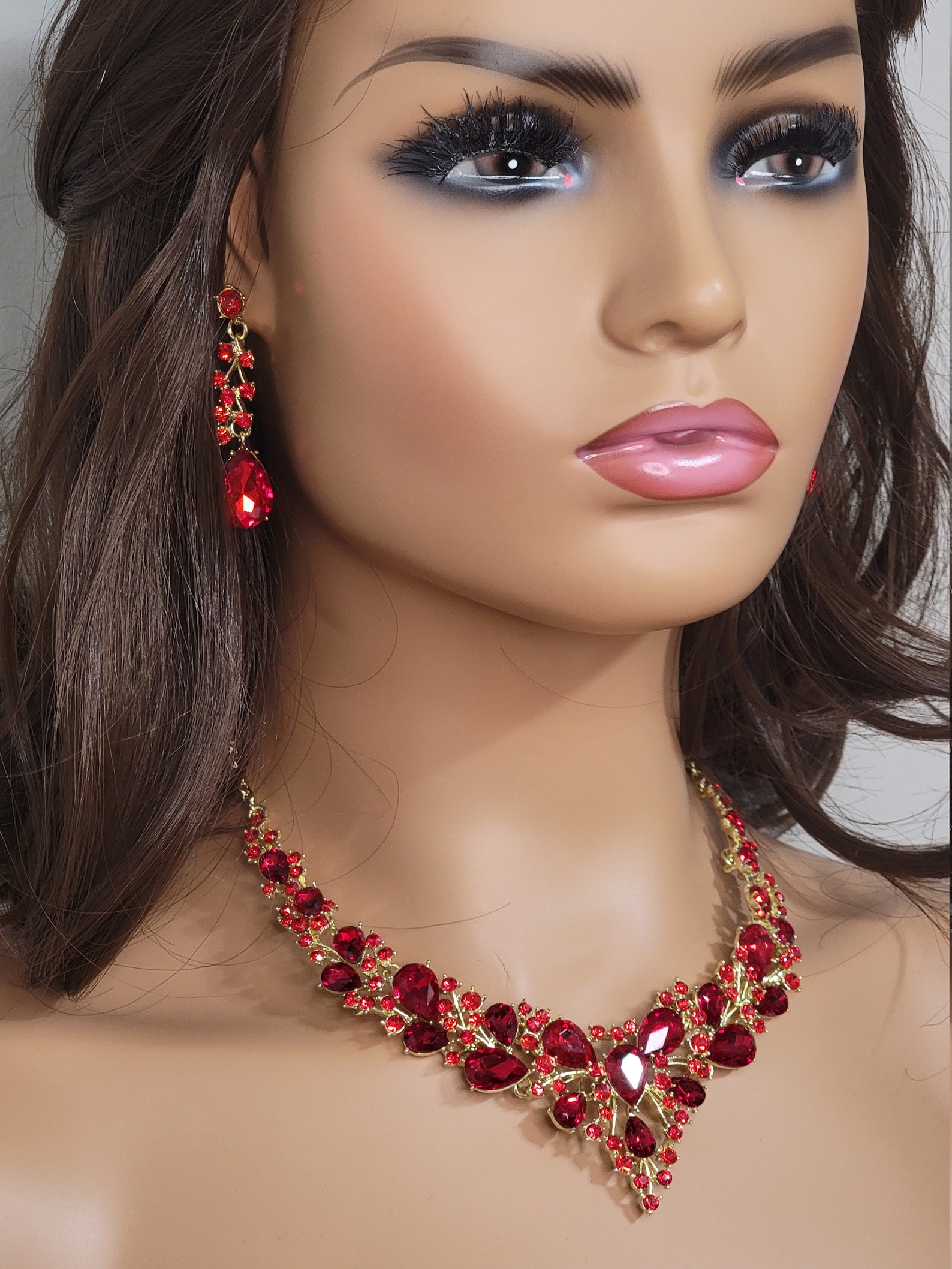 Red Bridal Jewelry Bridal V Shape Necklace Earrings Prom Etsy