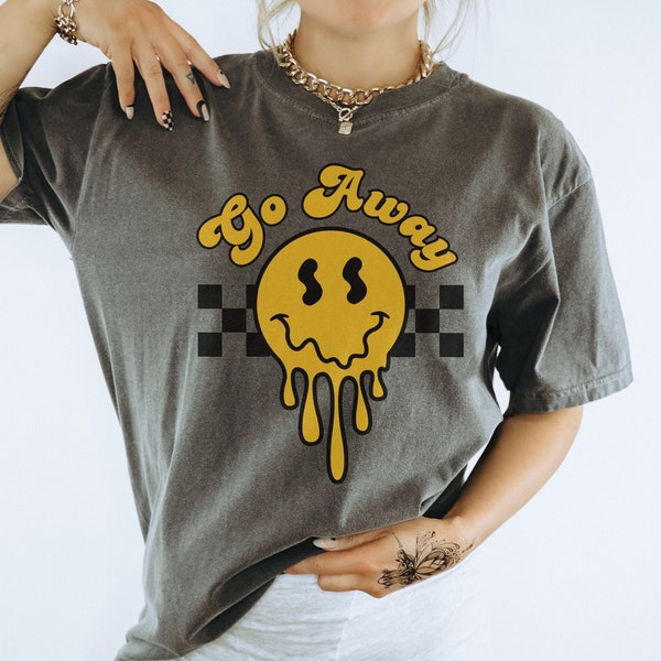 Funny Introvert Tee Shirt Go Away T Shirt Funny Gift for Him Birthday Gift T-Shirt for Girlfriend Oversized Melting Smiley Face Tee for Her