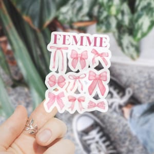Femme Coquette Rosa Schleife Stil Vinyl Aufkleber LGBTQ Feminine Girly Aufkleber für Telefon Hülle Wasserflasche Geschenk für Freundin Französisch Cute Bumper