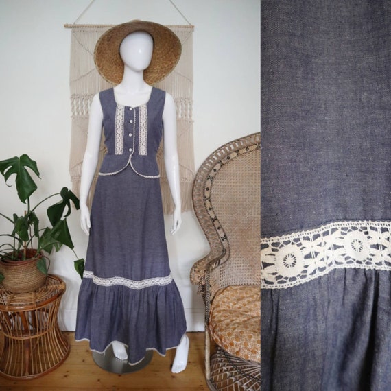 Vintage 1970s Chambray waistcoat & maxi skirt set