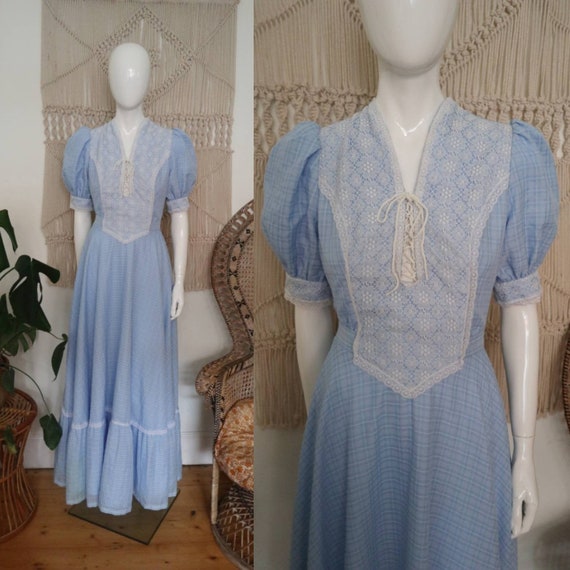 Vintage 1970's blue check prairie maxi dress