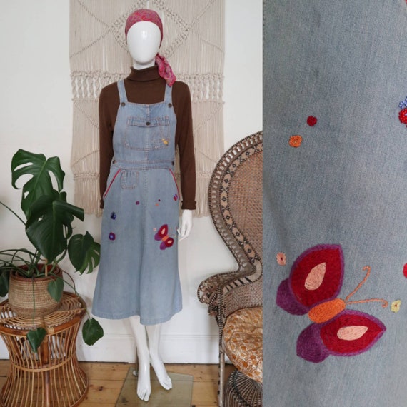 Vintage 1970's embroidered denim pinafore dress -