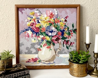 Vintage Crewel Embroidery Flower Bouquet // Vintage Framed Artwork
