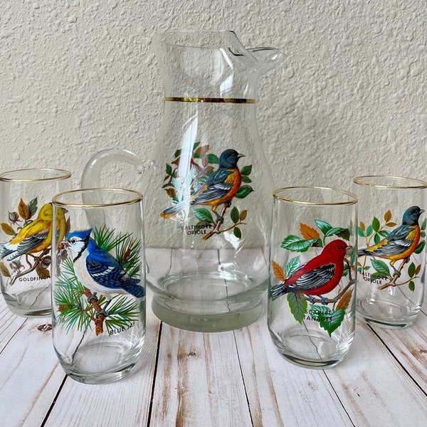 Vintage American Songbirds Barware Set // Vintage West Virginia Glass Co. Pitcher and Tumbler Set // Songbirds and Gold Trim