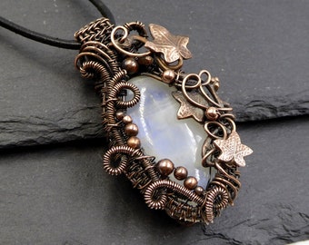 Moonstone and Copper Leaf Necklace, Ivy Leaf Jewelry Gift for Nature Lovers