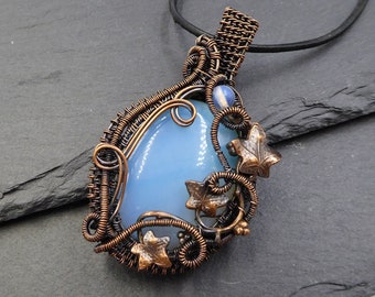 Opalite Ivy Leaf Pendant, Crystal Wire Wrapped Copper Necklace, Present Gift Wife Partner