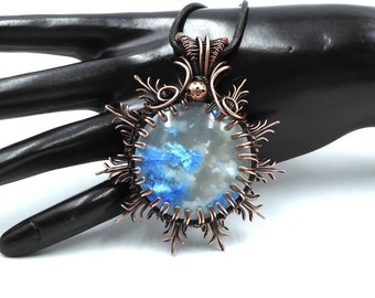 Plume Agate Pendant, Sunburst Necklace, Blue Clouds Jewellery, Copper Anniversary Gift