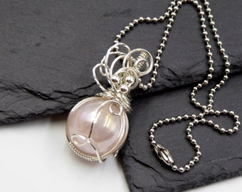 Aura Rose Quartz Silver Sphere Necklace, Wire Wrapped Sphere Jewellery Gift