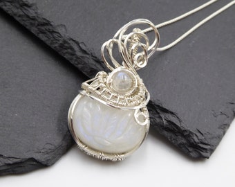 Lotus Flower and Rainbow Moonstone Silver Necklace, Wire Wrapped Floral Pendant, Spiritual Jewellery