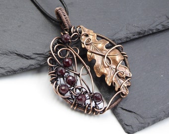 Garnet Woodland Oak Leaf Necklace, Garnet Copper Birthstone Pendant, Wire Wrapped Garnet Jewellery