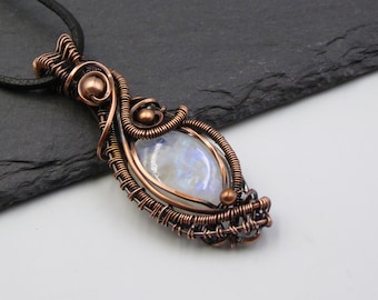 Rainbow Moonstone and Copper Pendant, June Birthstone Dainty Necklace,  Wire Wrap Moonstone