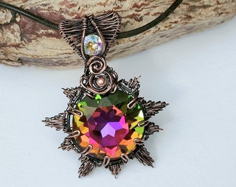Rainbow Star Necklace, Glass Cabochon Wire Wrapped Pendant, Elven Boho Jewellery
