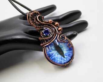 Blue Dragon Eye Wire Wrapped Copper Pendant Necklace Dragon Cosplay Present Gift Partner Husband