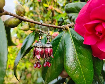 Ruby Red Tulip Dangle Earrings, Vintage Style Flower Earrings, Woodland Fairy Bell Earrings for Her