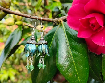 Green Fairy Bell Earrings, Boho Woodland Floral Earrings, Tulip Flower Dangle Earrings
