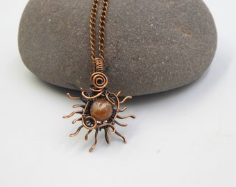 Sunstone Sun Necklace, Wire Wrapped Sun, Sunburst Necklace, Sun Present Gift for Wife Partner