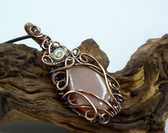 Peach Moonstone Double Stone Pendant, Moonstone Copper Swirly Necklace, Moonstone Jewellery Gift