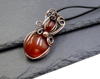 Carnelian Wire Wrapped Copper Pendant, Red Carnelian Crystal Necklace, Carnelian Gift Ideas For Her or Him