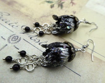 Black and Silver Floral Earrings, Fairy Bell Earrings, Vintage Style Tulip Dangles, Woodland Earrings Gift