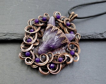 Amethyst Wolf Head Copper Wire Wrapped Necklace, Wolf Jewelry Gift, Spirit Animal Jewelry