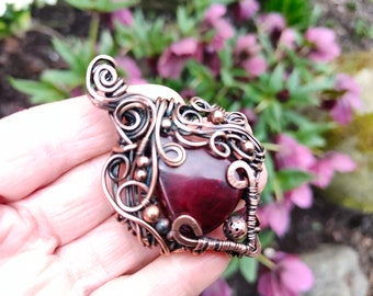 Red Labradorite Copper Wire Wrapped Pendant, Victorian Gothic Heart Necklace, Vampire Red Necklace Gift