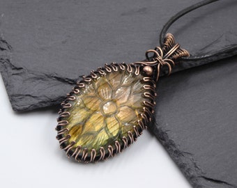 Labradorite Carved Flower Pendant, Copper Wire Wrapped Prong Necklace, Woodland Floral Pendant