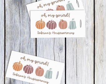 Fall or Autumn Pumpkin Tags, "Oh My Gourd", Housewarming, Baby Shower Soda Bottle Tags, Wedding or Engagement Party Favors - Personalized