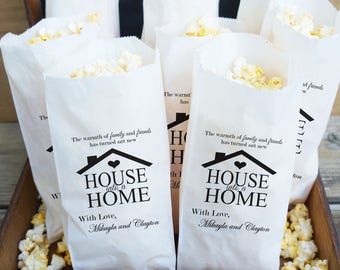 Housewarming Party Favor Bags, Popcorn Bar, New House - Grease Resistant  - Custom Names