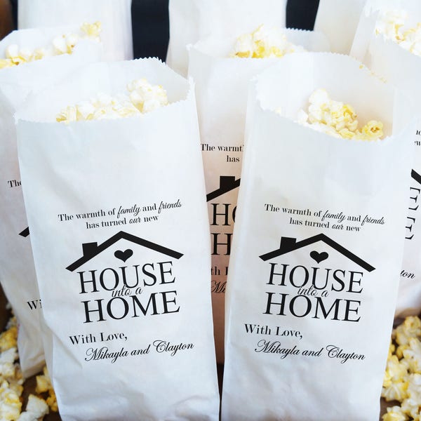 Housewarming Party Favor Bags, Popcorn Bar, New House - Grease Resistant  - Custom Names