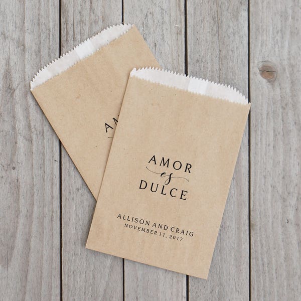 Churro Favor Bags, Amor es Dulce, Love is Sweet, Rustic Wedding Sacks, Bridal Shower, Kraft Paper - Lined, Grease Resistant