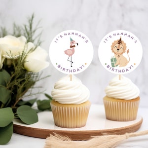 Geburtstag Cupcake Toppers Kit, niedliche Tier Geburtstag Gastgeschenke, personalisiert - Große 2 3/8 Zoll Toppers, nicht zusammengebaut
