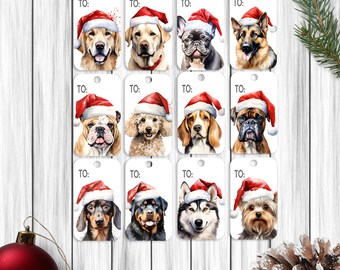 Santa Dog Gift Tags, Christmas Party Favor Labels, Golden Retriever, Labrador, German Shepherd, Dogs with Santa Hat - Personalized