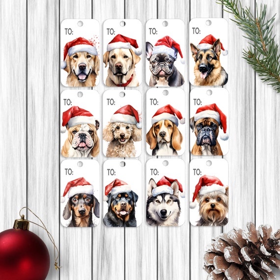 Santa Dog Gift Tags, Christmas Party Favor Labels, Golden
