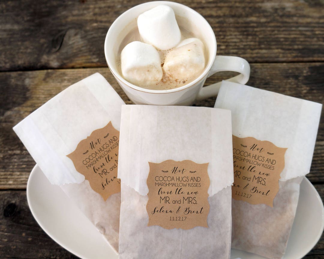 Hot Cocoa Wedding Favor, Hot Chocolate and Marshmallow Bags, Personalized Kraft Paper Stickers