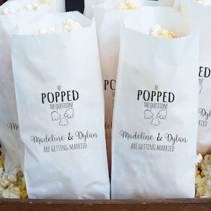 Engagement Party Favor Bags, Popcorn Buffet, He Popped The Question - Grease Resistant  - Custom Names