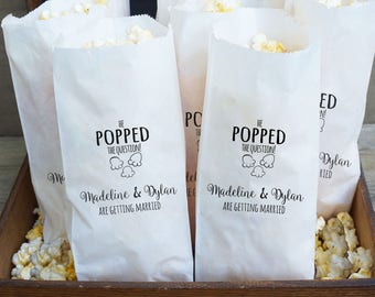 Engagement Party Favor Bags, Popcorn Buffet, He Popped The Question - Grease Resistant  - Custom Names