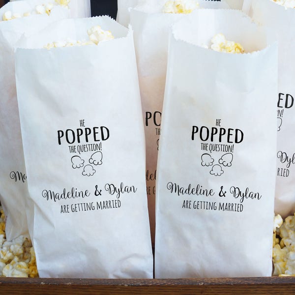 Engagement Party Favor Bags, Popcorn Buffet, He Popped The Question - Grease Resistant  - Custom Names