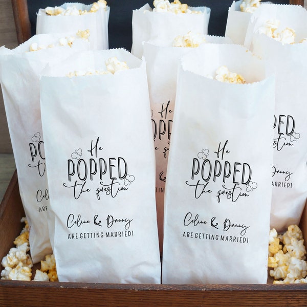 Engagement Party Favors, Popcorn Bags, He Popped The Question, Bridal Shower - Personalized, Customized - Grease Resistant