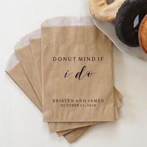 Donut Favor Bags, Kraft Paper Sacks, Wedding Dessert Table, Bridal Shower, Donut Mind If I Do - Personalized - Lined, Grease Resistant