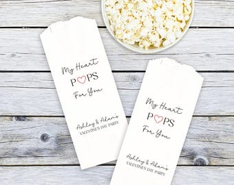 Valentines Day Party Favors, Popcorn Bags, My Heart Pops For You, Bridal Shower, Engagement Party - Personalized - Grease Resistant