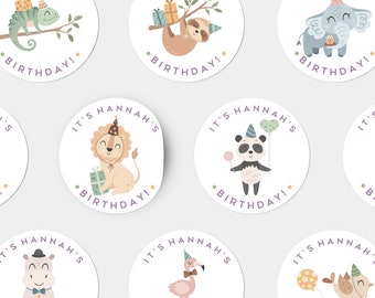 Birthday Stickers, Cute Animal Labels, Birthday Party Favors, Personalized - Large 2 3/8 Inches Stickers