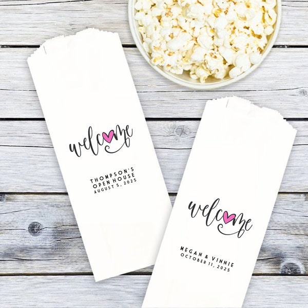 Welcome Party Favors, Popcorn Bags, Wedding, Bridal Shower, Open House, Baby Shower - Personalized, Customized - Grease Resistant