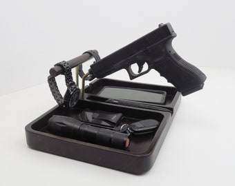 Cadeau fête des pères, organiseur avec barre d'accessoires, station pour pistolet, table de chevet porte-pistolet en laiton massif, plateau EDC, pour papa ou mari