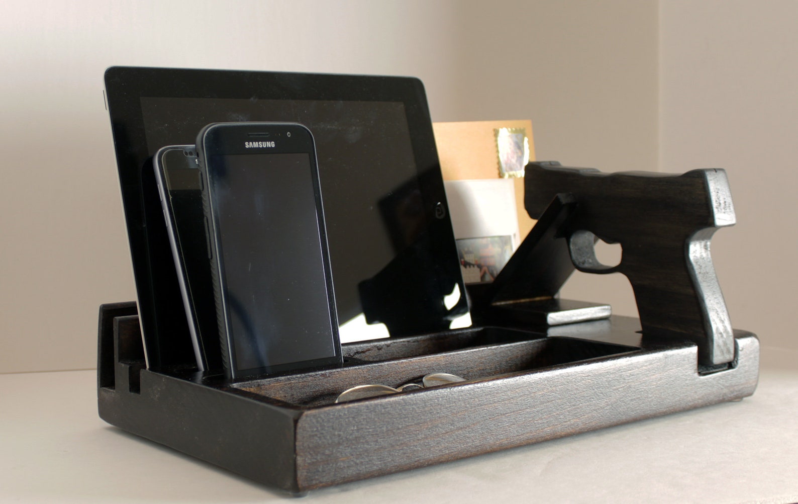 Wood organizer for gun bedside table gun holder mens gift Etsy