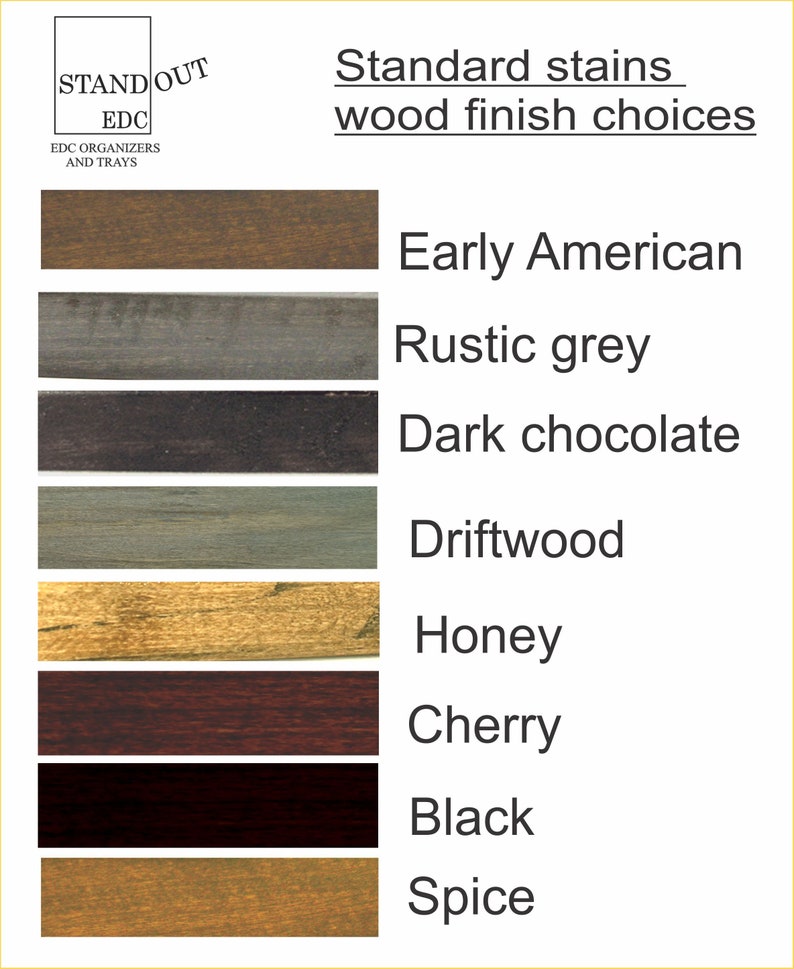 K&ouml;nnte beinhalten: Eine Tabelle mit acht verschiedenen Holzbeizfarben: Early American, Rustic Grey, Dark Chocolate, Driftwood, Honey, Cherry, Black und Spice.