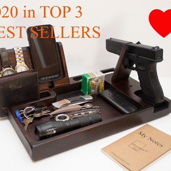 Personalized gift for men,  Large EDC VALET tray Phone Docking Station for gun, Charging Station, Night Organizer