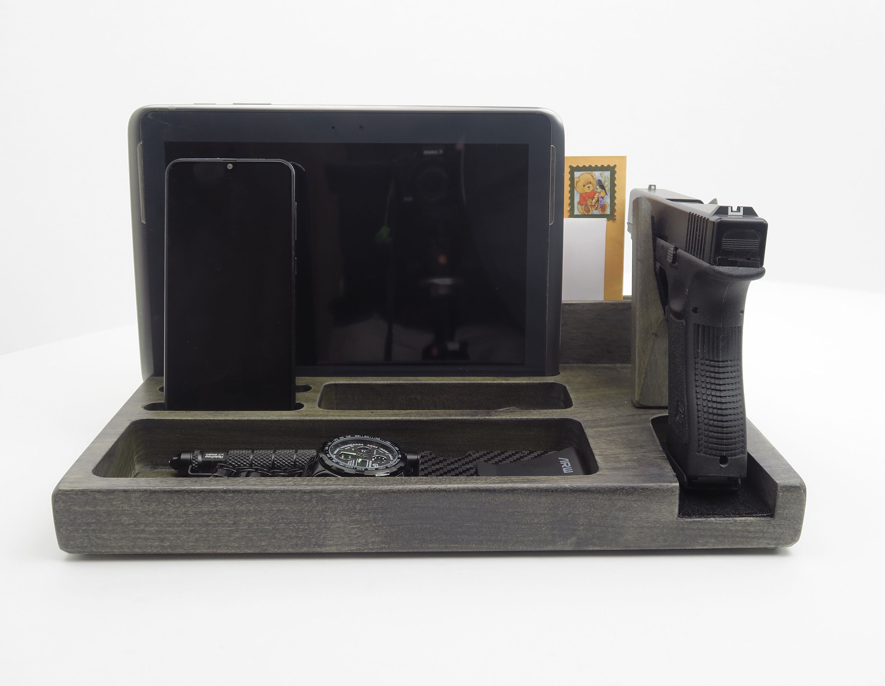 Wood organizer for gun bedside table gun holder mens gift Etsy España